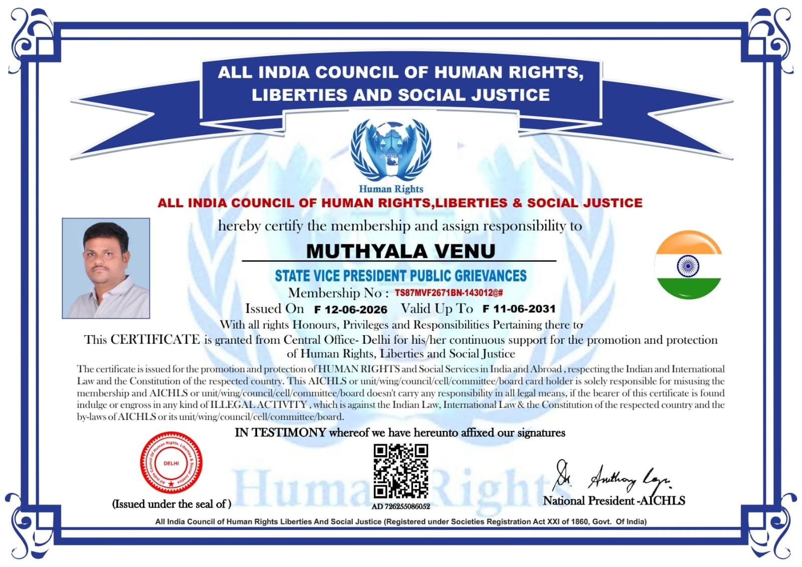 Appointment Certificate — State Vice President, Public Grievances